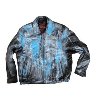 Men's Couture Leather Jacket Blue Graffiti‎ Painted Streetwear Bomber